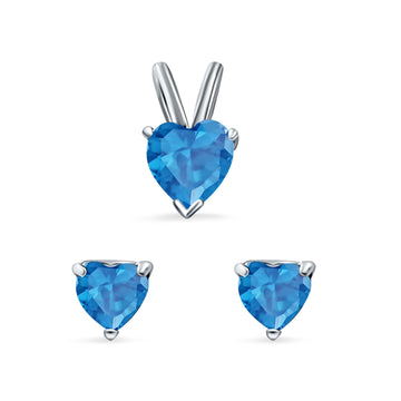 Heart Shape Jewelry Set Pendant Earring Simulated Blue Topaz Cubic Zirconia 925 Sterling Silver